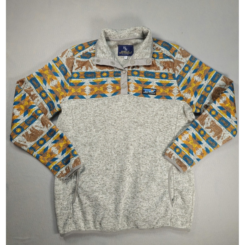 Simply Southern Bear Jeep Print Pullover Size L Gray Brown Aztec 1/4 Snap Fall